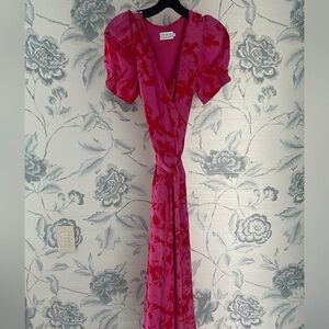 Tanya Taylor Dorthy silk Midi puff sleeve wrap dress. size 0